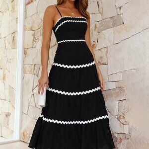 Black And White Sexy Women's Colorblock Spaghetti Strap A-Line Dress